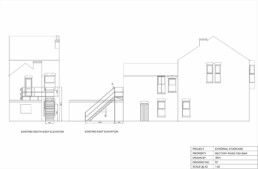 Elevations of Victorian property with metal fire escape steps to rear