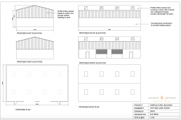Proposed plan and elevations for new build agricultural building on greenbelt land