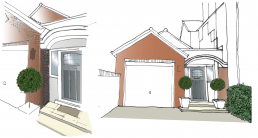 Coloured architectural sketches for option to a residential house