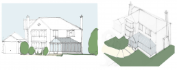Coloured architectural sketches for option to a residential house