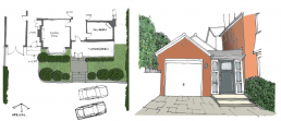 Coloured architectural sketches for option to a residential house