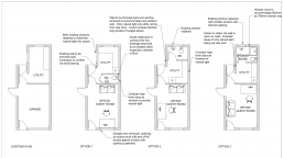 A plan showing three floor plan options for a garage conversion
