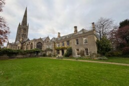 Wide view of Grantham House with St Wulfram's Church adjacent