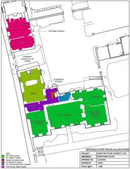 Ground Floor Plan of Grantham House showing the uses of each area colour coded